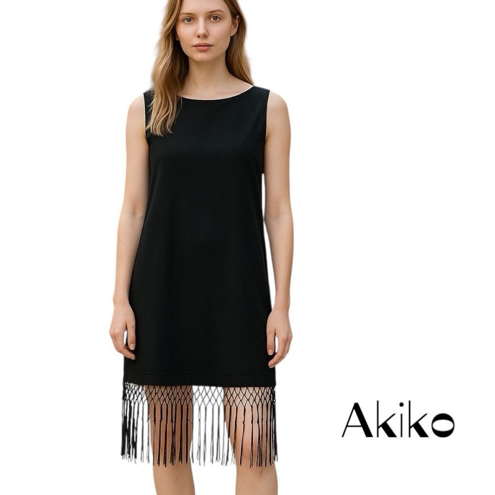 Akiko Black Pure Silk Sleeveless Fringe Occasion Event Dress NWOT Size XS
